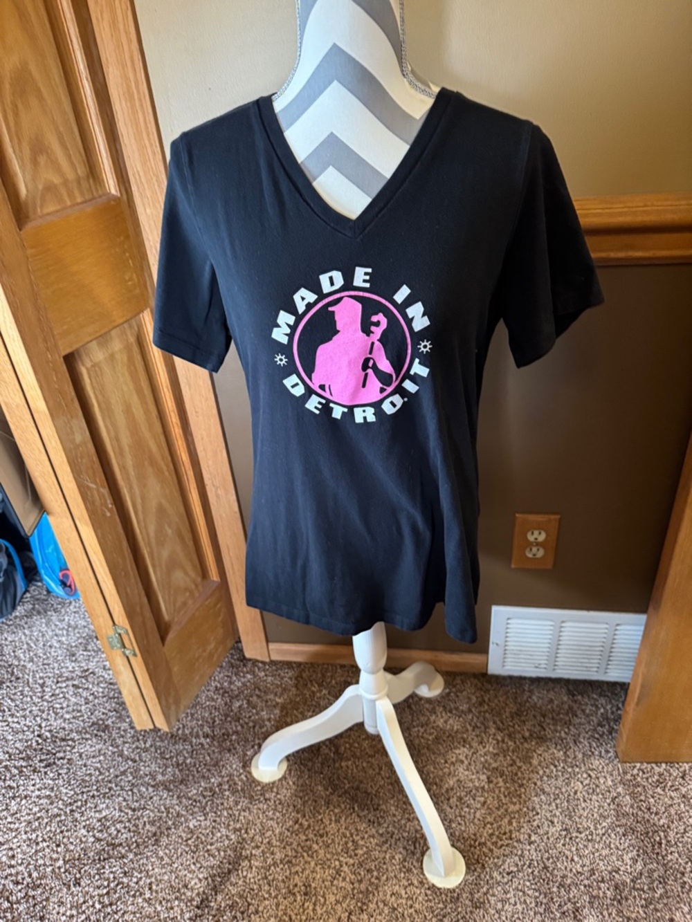 Made in Detroit Graphic V-Neck Tee - Black with Pink Logo